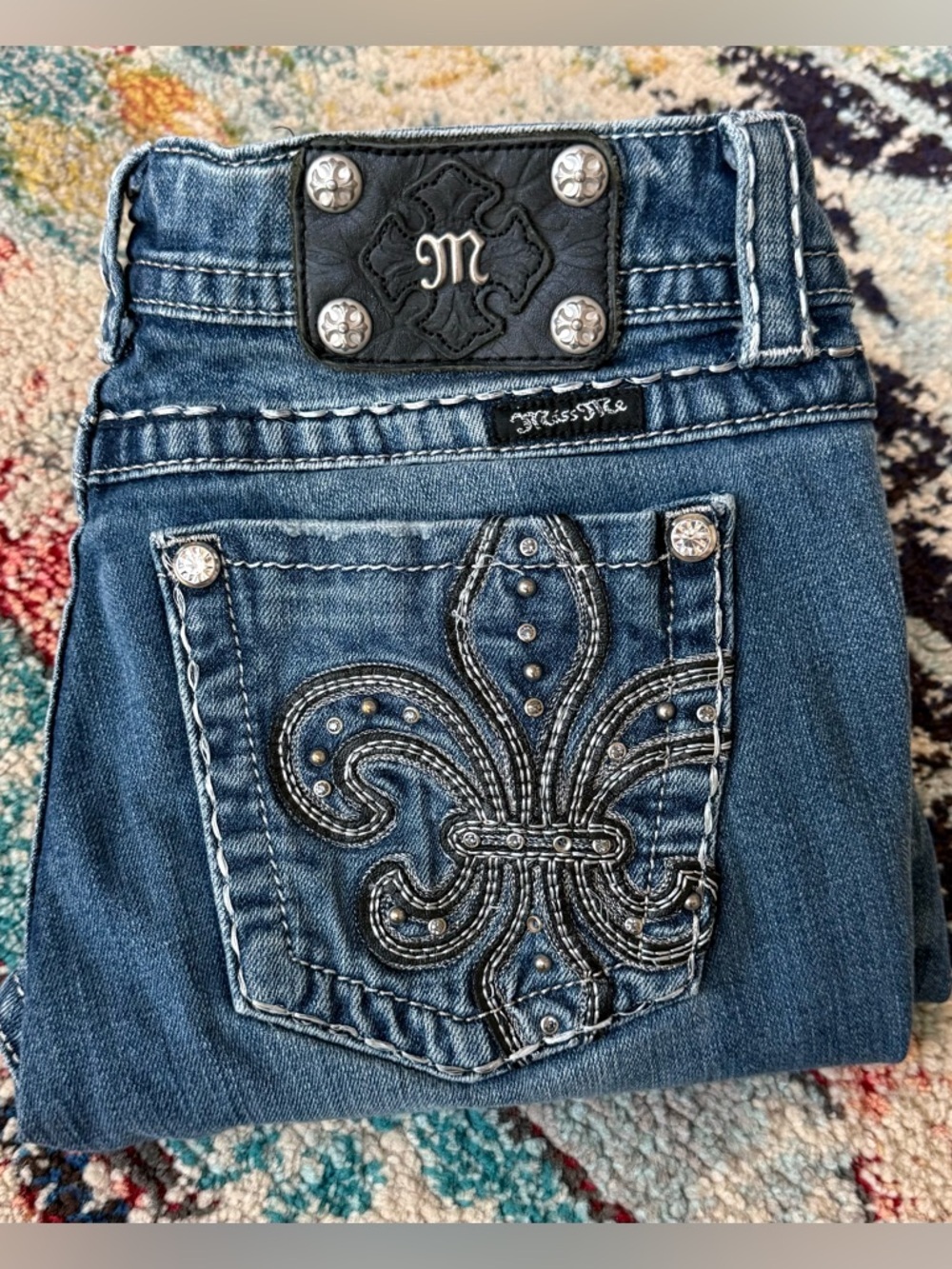 Miss Me Rhinestone Fleur de Lis Embellished Easy Bootcut Jeans